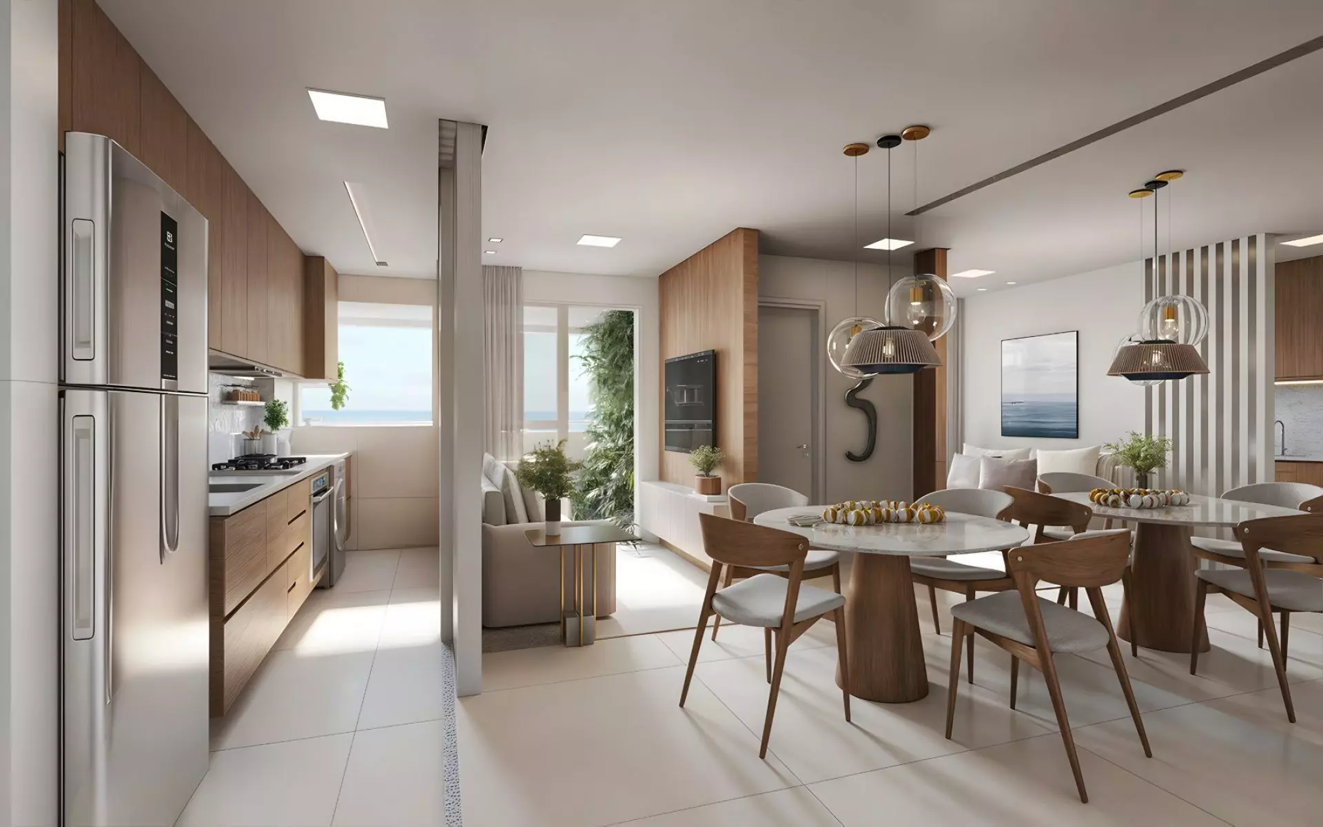Sala de jantar, estar e cozinha